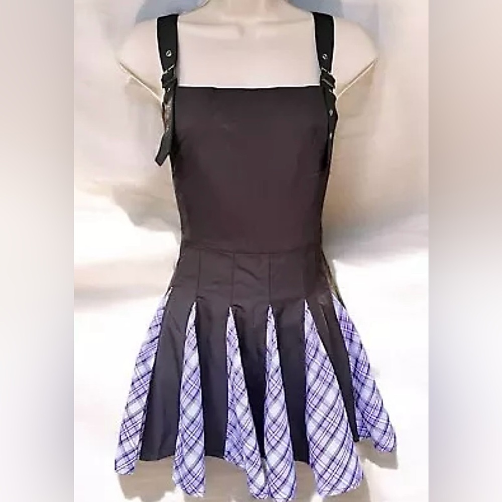 Size‎ Small………..Black Pleated Plaid Inset Mini Dress.  New…..Sugar Thrillz